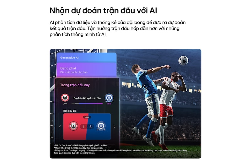 LG NANO 4K UHD AI NU85 Sports Forecast by AI Concierge displays a live soccer match with an on-screen AI panel presenting predictions, game insights, and league data, suggesting how AI analyzes gameplay to forecast match outcomes. 